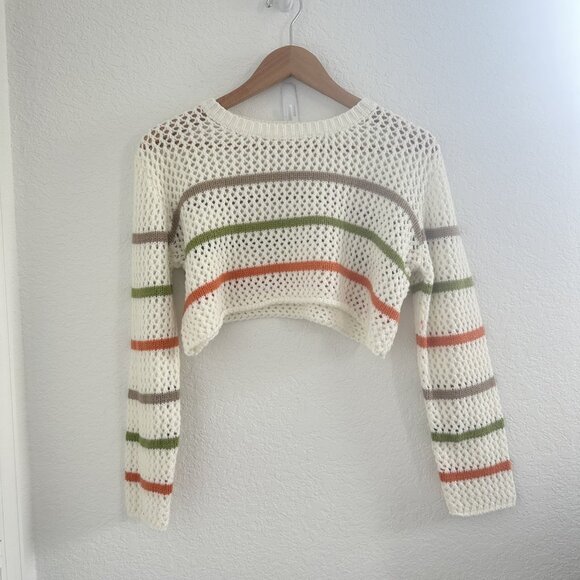 Musera Cropped Pullover Sweater Womens S White‎ Crochet Striped Festival Beachy - Picture 1 of 8